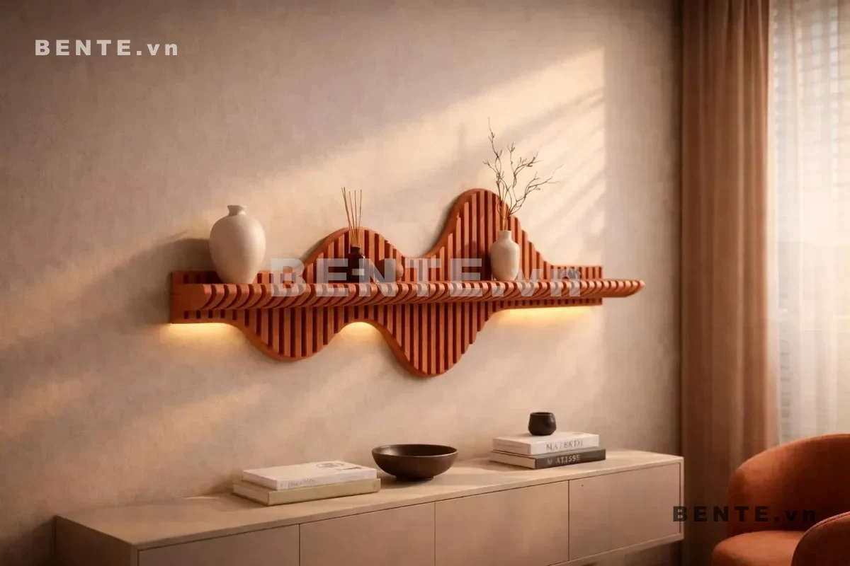 kệ decor nan dọc, kệ trưng đồ mặt cong, kệ treo tường khung sóng