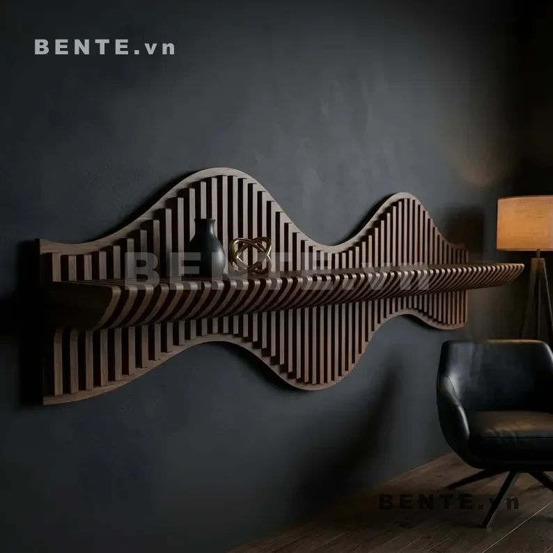kệ gỗ khoang sóng phía dưới, kệ wall art hình sóng