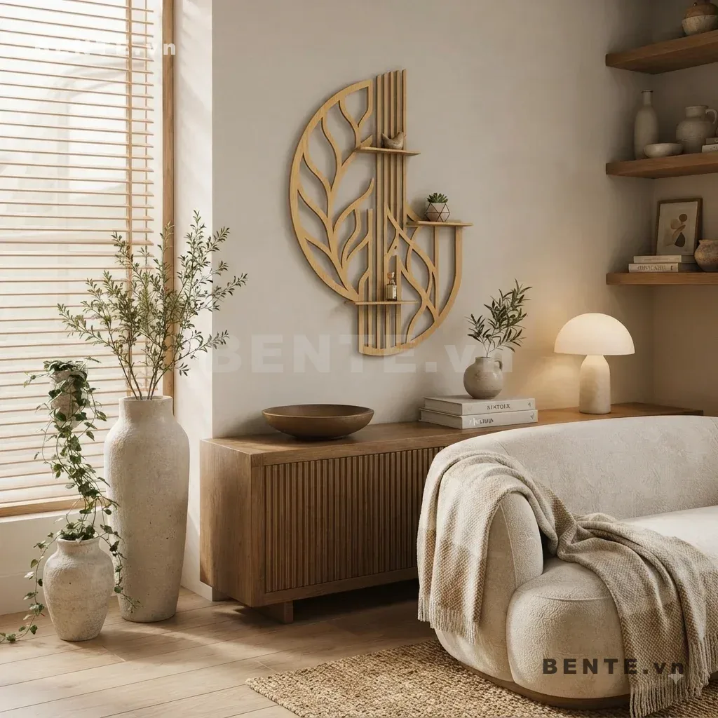 kệ treo tường đặt cây nhỏ, kệ decor khung lá, kệ gỗ mặt kệ lệch tầng