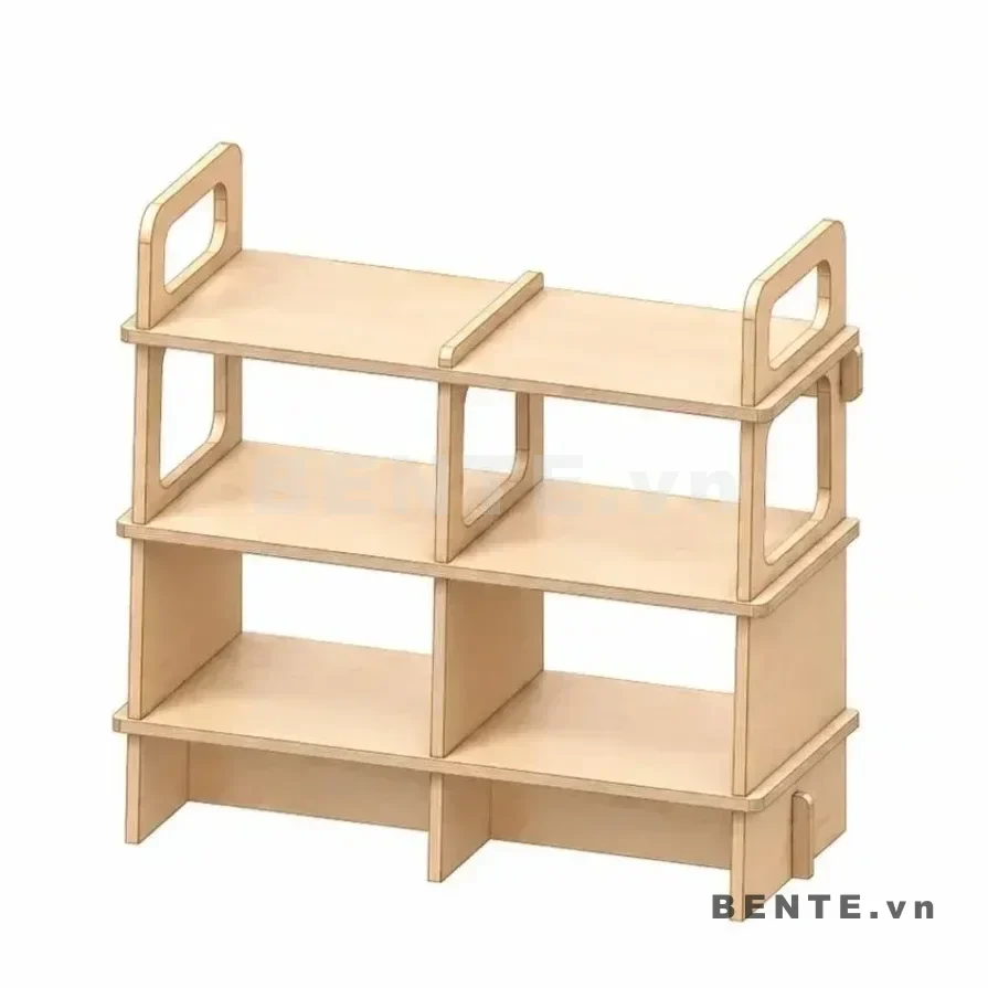 kệ gỗ hông khoét ô, kệ sách khung tay cầm hai bên