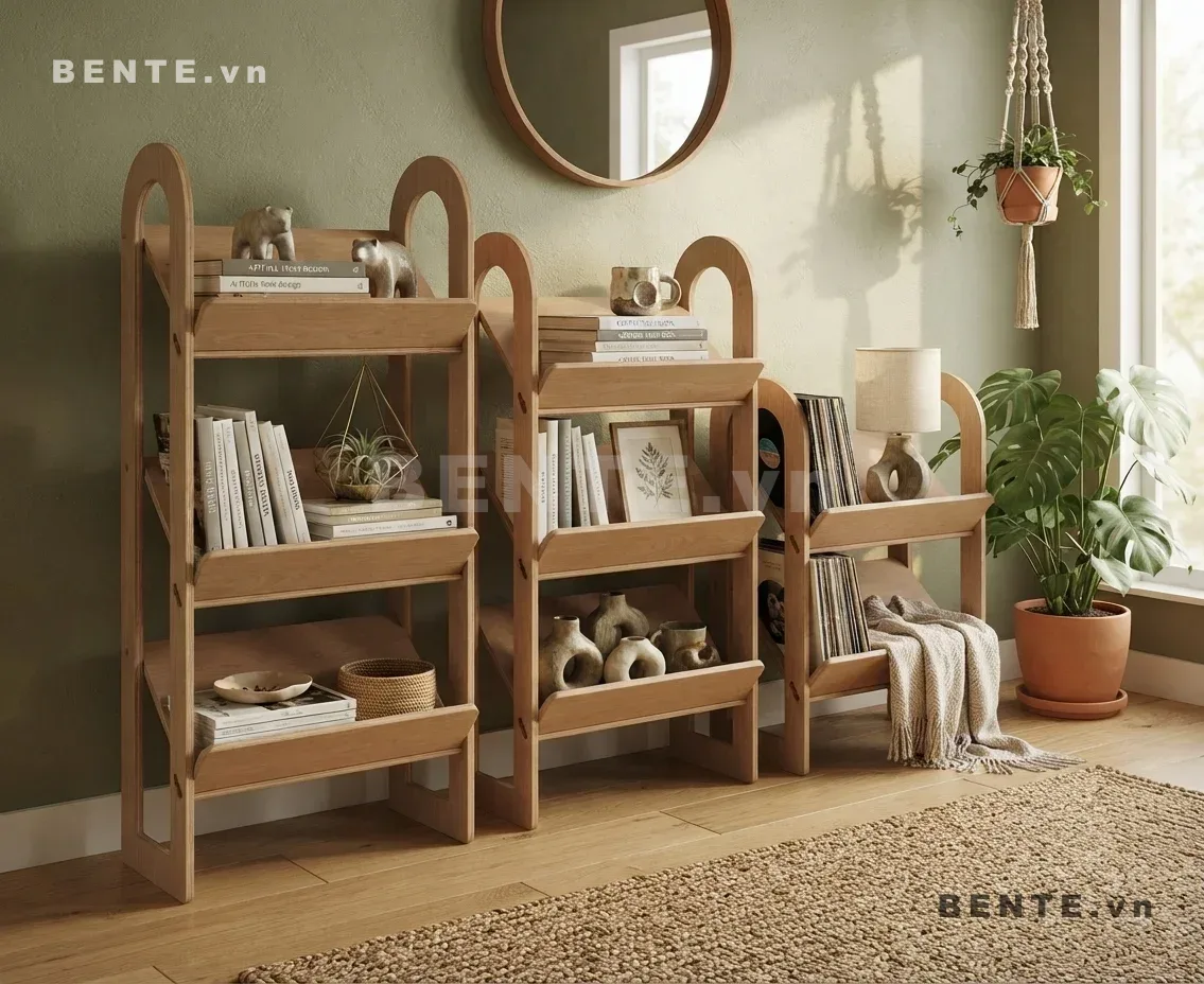 kệ sách mép chắn phía trước, kệ gỗ tầng dạng khay nghiêng