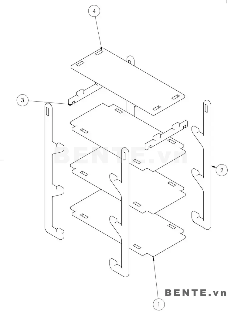 ảnh hướng dẫn lắp ráp, kệ sách gỗ 4 tầng khung hông khoét vòm, kệ sách đầu trụ bo cong