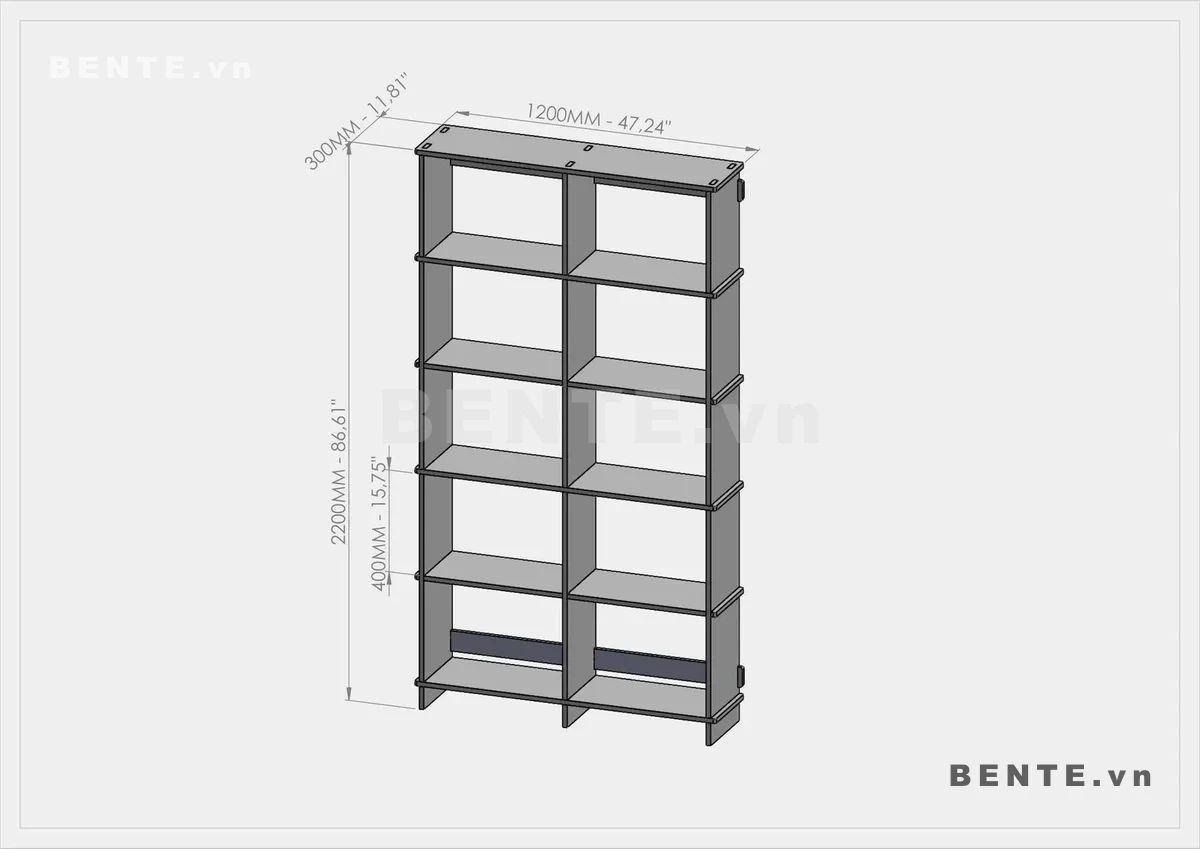 ảnh kích thước, kệ gỗ nhiều tầng chia 4 khoang, kệ sách vách đứng giữa