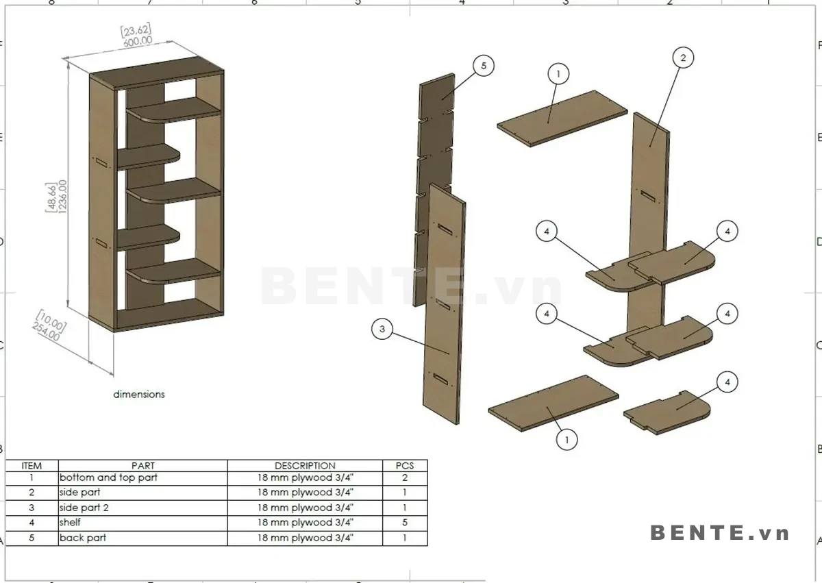 ảnh hướng dẫn lắp ráp, kệ sách gỗ 6 tầng khoang so le, kệ sách khung hộp hai bên