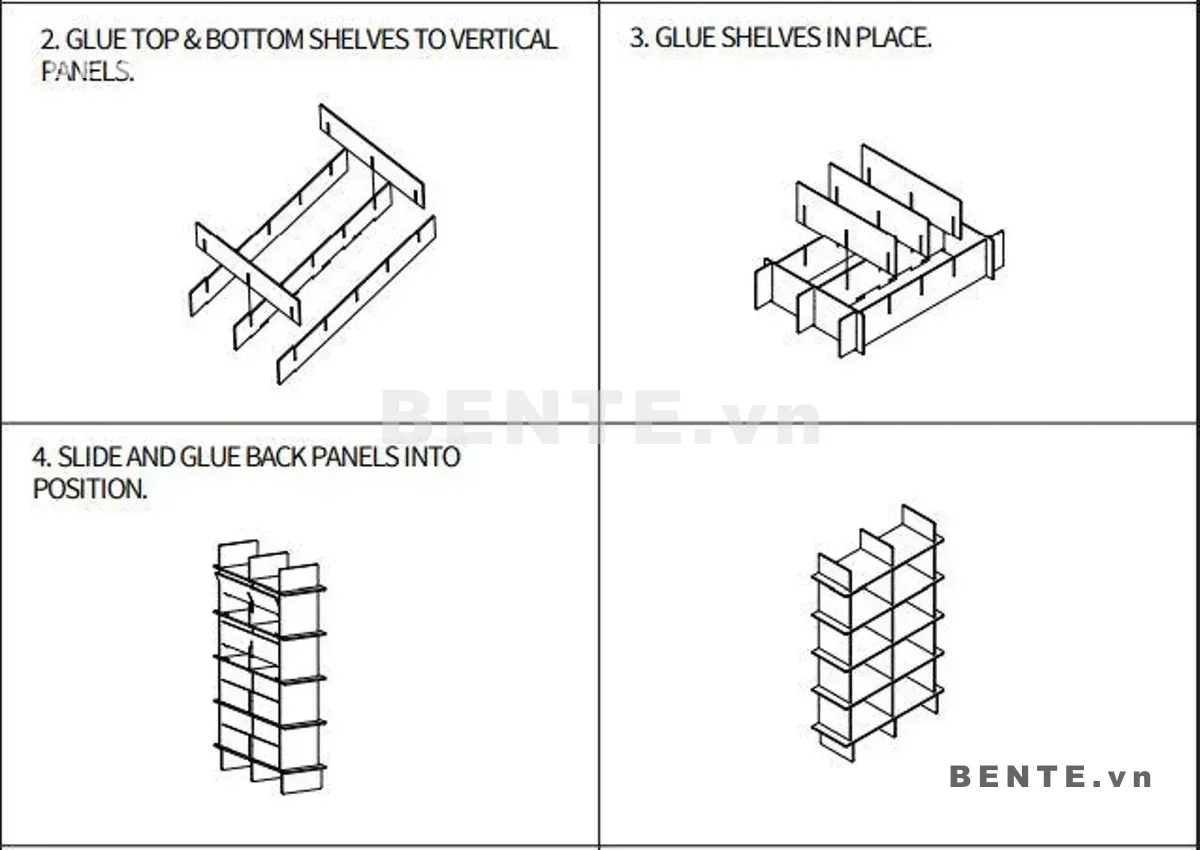 ảnh hướng dẫn lắp ráp, kệ sách gỗ 4 & 5 tầng vách đứng so le, kệ sách khoang lệch hai bên