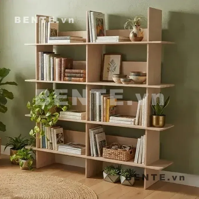 kệ tầng nhiều khoang không đối xứng, kệ gỗ chia ô lệch tầng