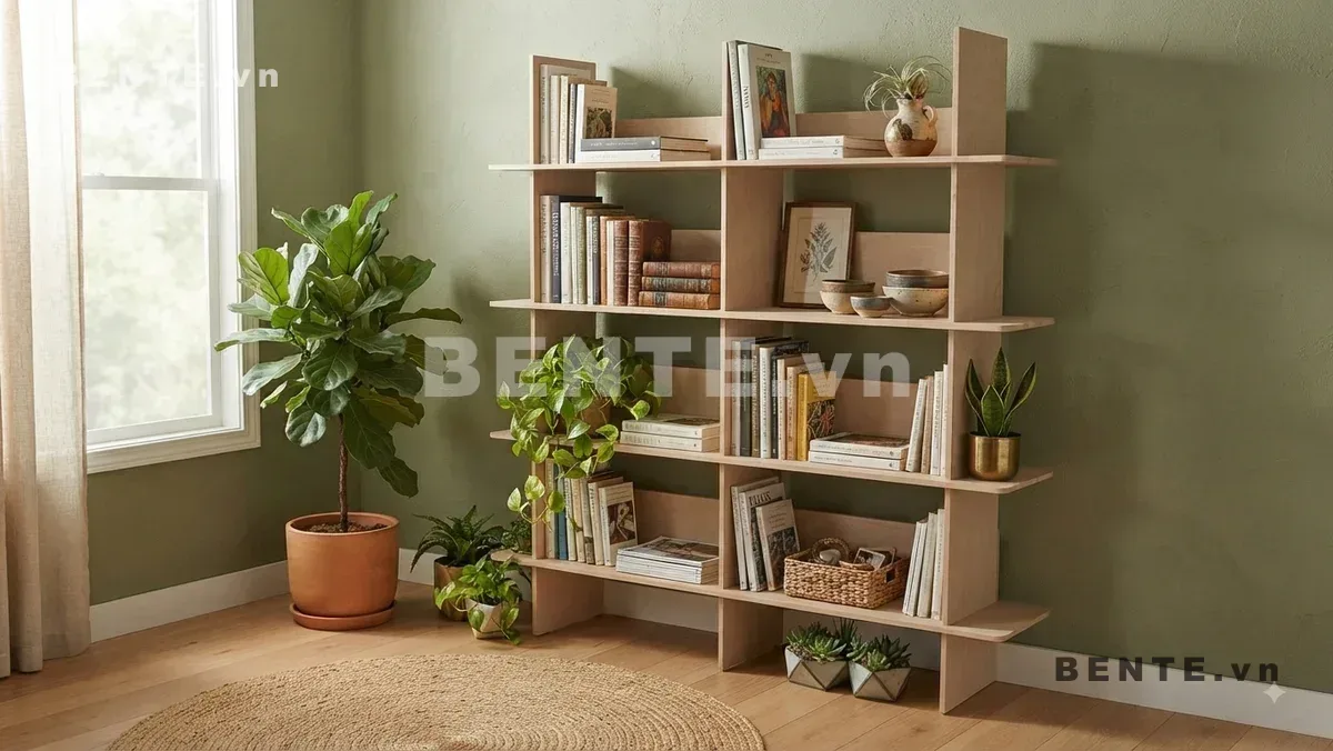 kệ sách trưng cây nhiều tầng, kệ decor mặt kệ nhô hai bên