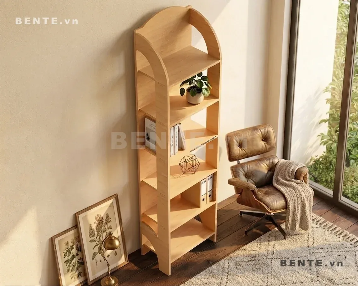 kệ gỗ mặt trước mở, kệ sách khung hai bên cong