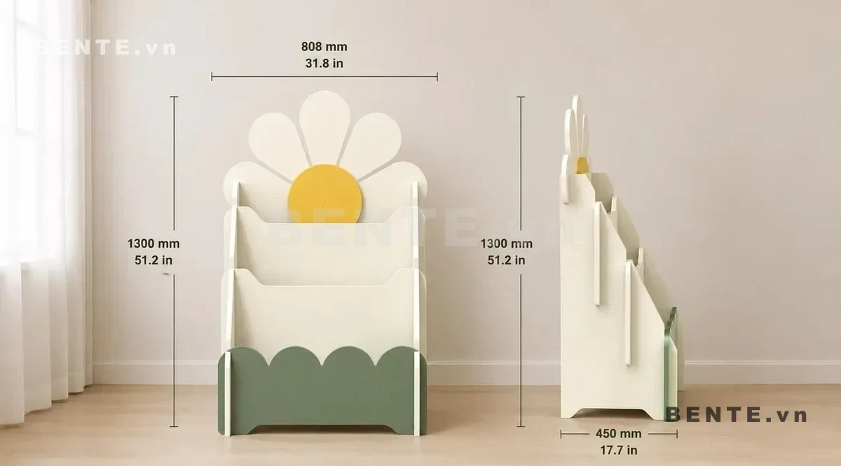 ảnh kích thước, kệ sách gỗ trẻ em 3 tầng