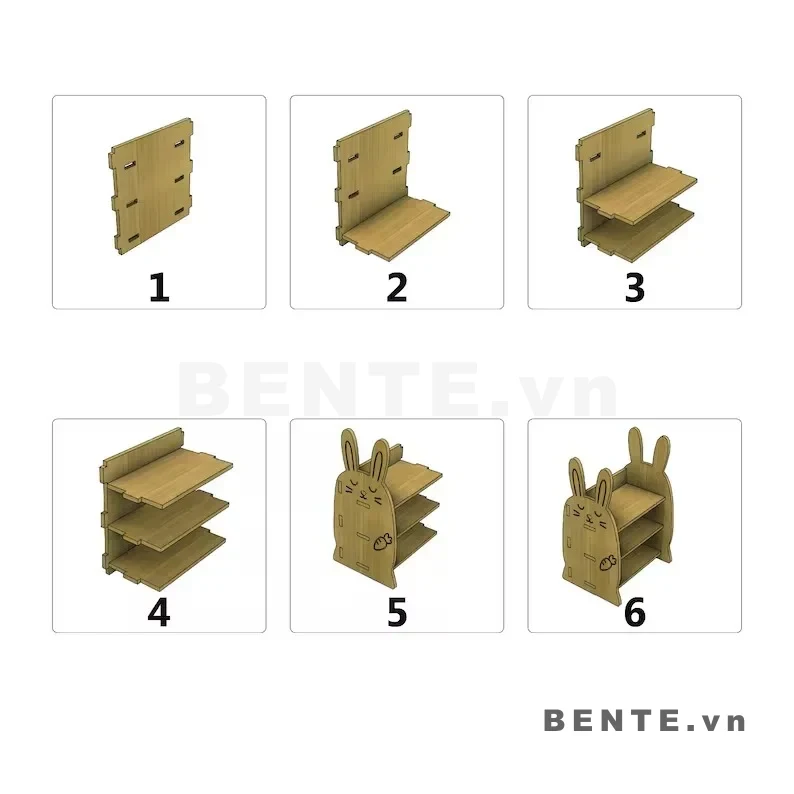 ảnh hướng dẫn lắp ráp, kệ sách gỗ trẻ em hình con thỏ