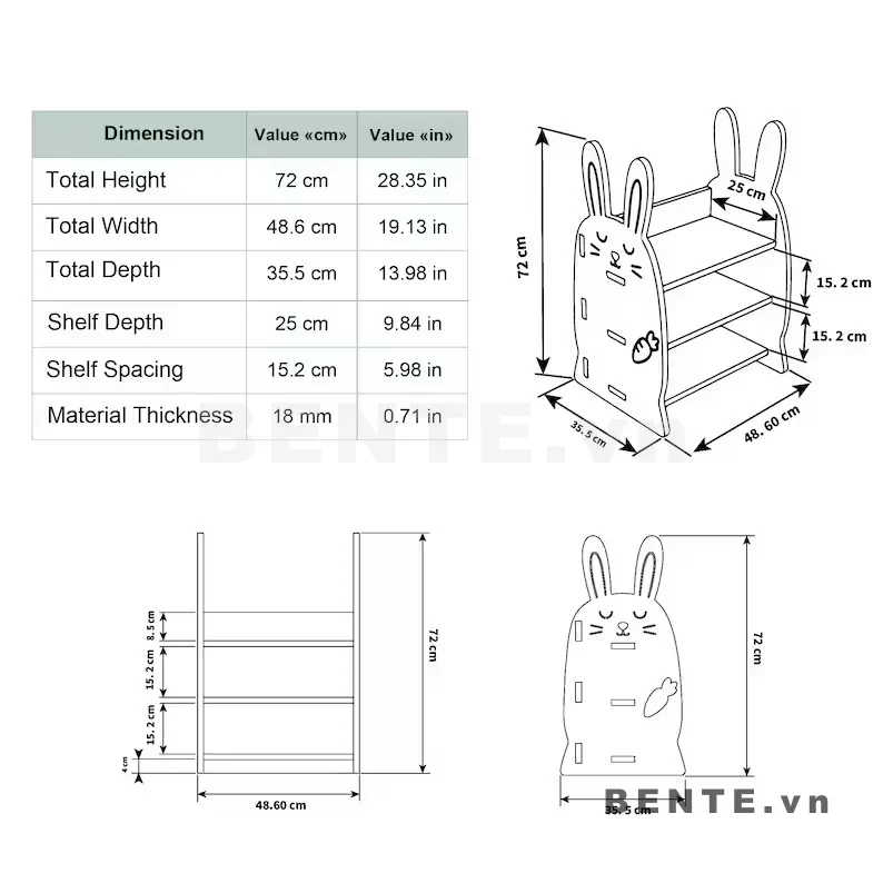 ảnh kích thước, kệ sách trẻ em tai thỏ dài