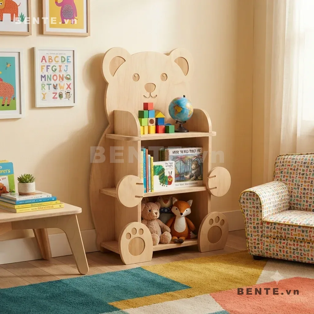 kệ sách trẻ em 3 tầng mở, kệ gỗ trẻ em hình gấu lắp ráp