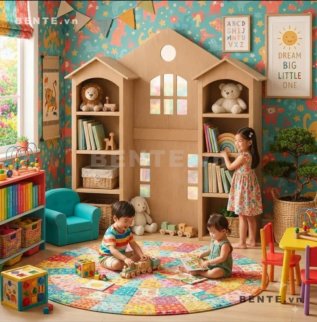 kệ sách hình nhà có khoang giữa, kệ Montessori hình ngôi nhà, kệ đồ chơi hình ngôi nhà, kệ sách phòng bé nhiều ngăn