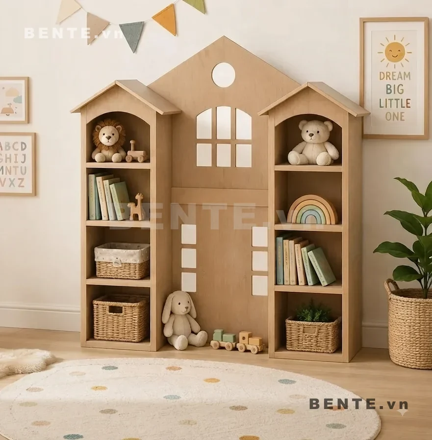kệ gỗ trẻ em mái nhà, kệ sách trẻ em lắp ráp