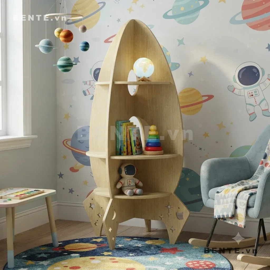 kệ Montessori hình tên lửa, kệ đựng sách và đồ chơi hình tên lửa