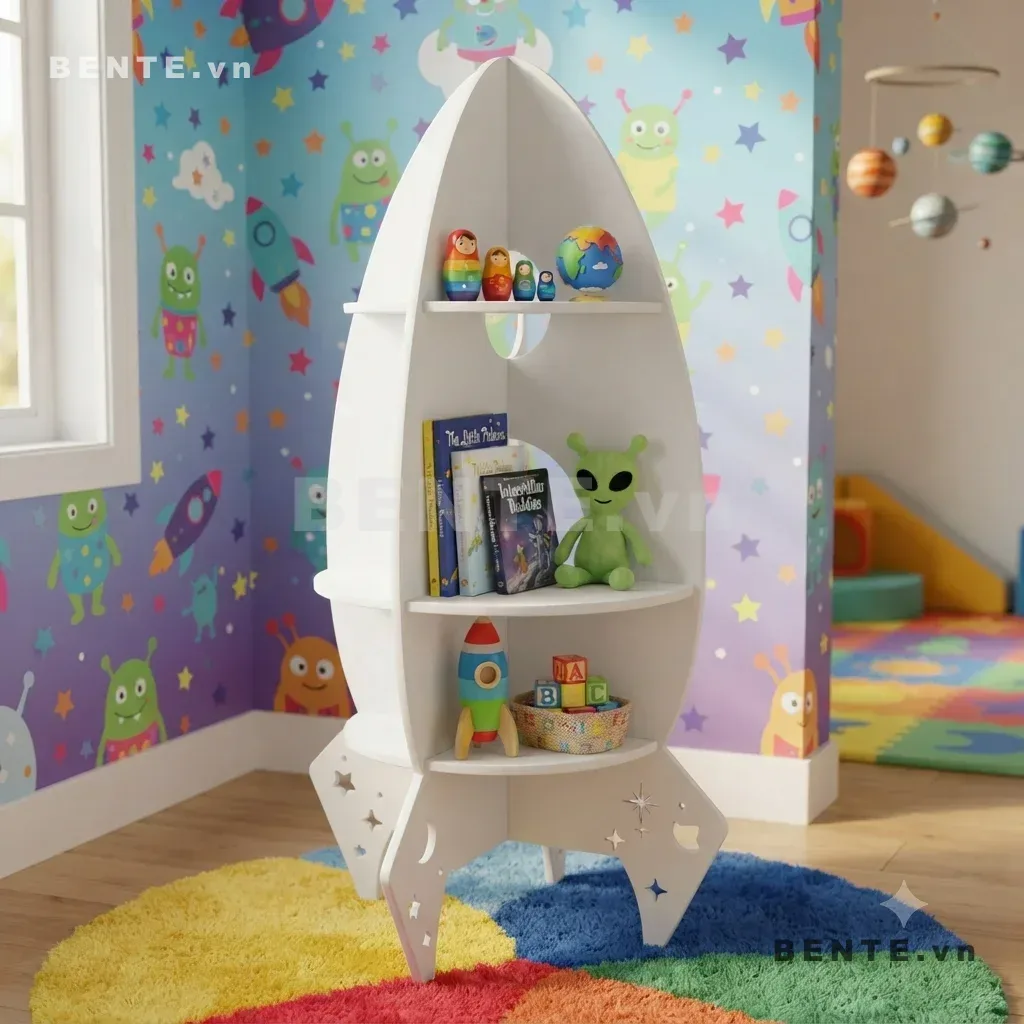 kệ sách trẻ em cánh khoét sao trăng, kệ sách hình tên lửa cho bé