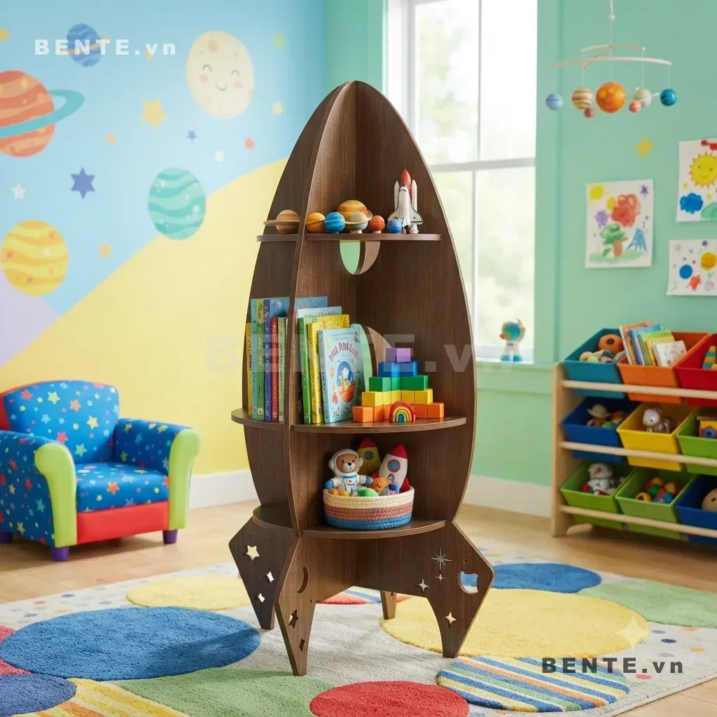 Kệ Sách Gỗ Trẻ Em Hình Tên Lửa, 3 Tầng Mở, Lắp Ráp Đơn Giản - K74126, kệ sách gỗ trẻ em hình tên lửa, kệ sách tên lửa 3 tầng, kệ sách trẻ em cánh khoét sao trăng, kệ sách hình tên lửa cho bé, kệ Montessori hình tên lửa, kệ đựng sách và đồ chơi hình tên lửa, kệ phòng bé chủ đề vũ trụ, kệ sách trẻ em khoét oval, kệ tên lửa 3 tầng mở, kệ gỗ trẻ em hình tên lửa lắp ráp