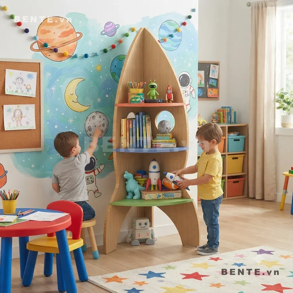 Kệ Sách Gỗ Trẻ Em Hình Tên Lửa, 3 Tầng Mở, Lắp Ráp Đơn Giản - K47256, kệ sách gỗ trẻ em hình tên lửa, kệ sách tên lửa 3 tầng, kệ tên lửa cửa sổ khoét tròn, kệ sách thân cong liền mạch, kệ Montessori hình tên lửa, kệ sách chủ đề vũ trụ cho bé, kệ đựng sách đồ chơi hình tên lửa, kệ sách trẻ em chân vòm, kệ tên lửa 3 tầng mở, kệ gỗ trẻ em lắp ráp hình tên lửa