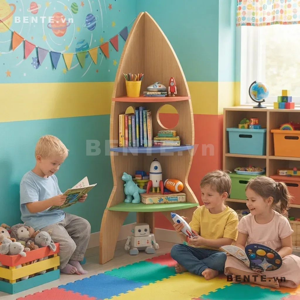 kệ tên lửa cửa sổ khoét tròn, kệ sách thân cong liền mạch