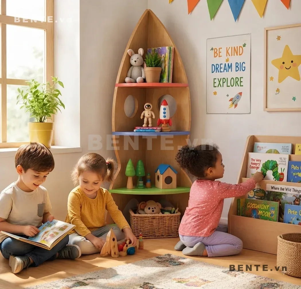kệ Montessori hình tên lửa, kệ sách chủ đề vũ trụ cho bé