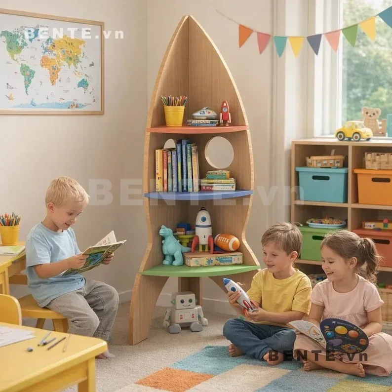 kệ đựng sách đồ chơi hình tên lửa, kệ sách trẻ em chân vòm