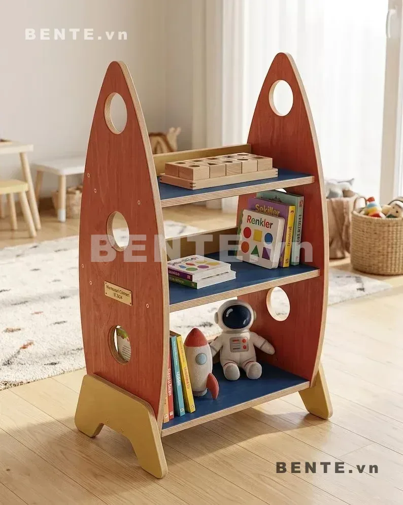 kệ phòng bé hình tên lửa, kệ gỗ trẻ em lắp ráp