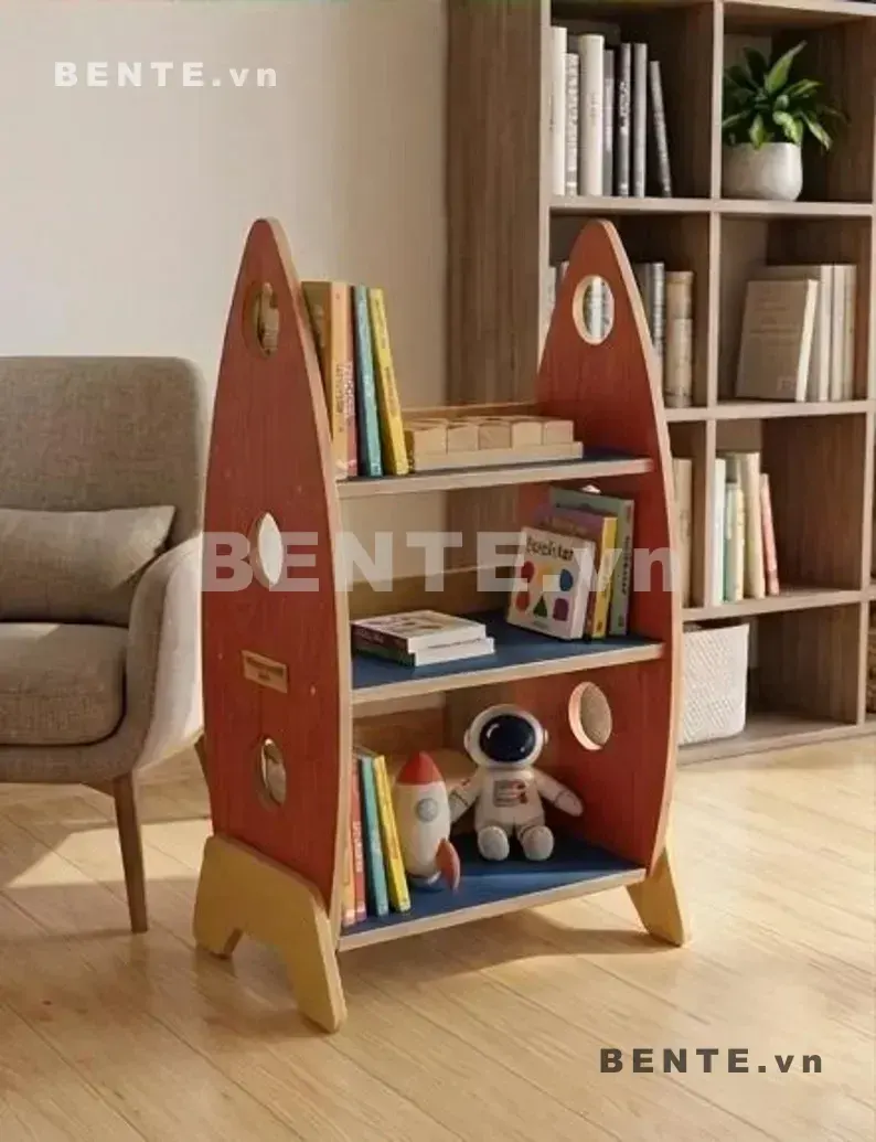 kệ đựng sách đồ chơi chủ đề vũ trụ, kệ sách trẻ em 3 tầng mở