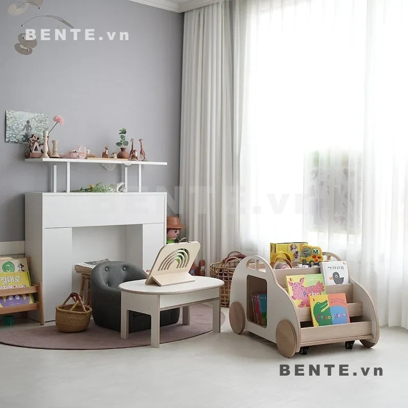 kệ để sách và đồ chơi có bánh, kệ gỗ trẻ em hình ô tô lắp ráp