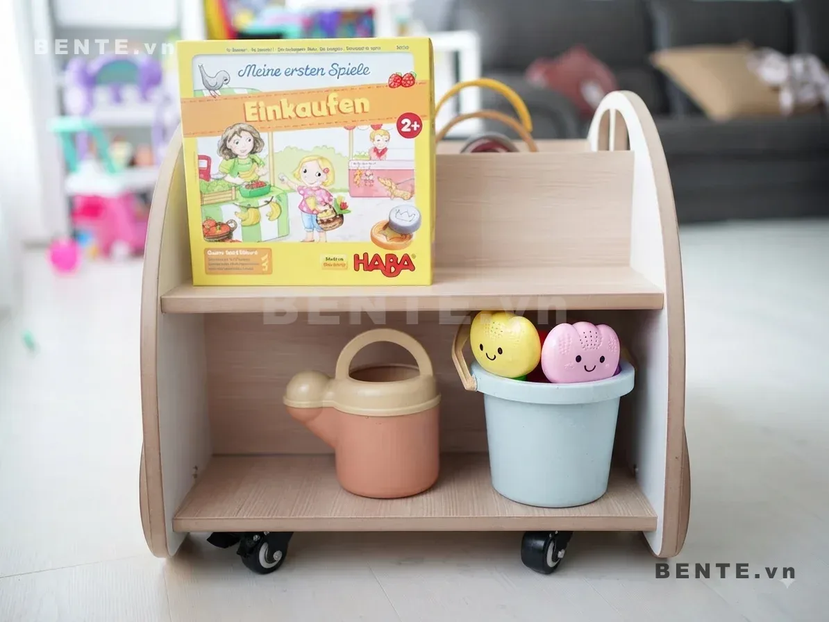 kệ đẩy sách cho bé có bánh xe, kệ Montessori hình xe ô tô