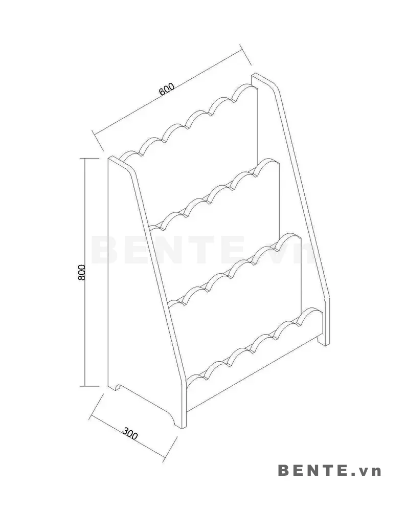 ảnh kích thước, kệ sách gỗ trẻ em mặt trước gợn sóng, kệ sách trẻ em mép chắn bo cong, kệ sách 3 tầng cho bé, kệ sách bé khoang đáy mở