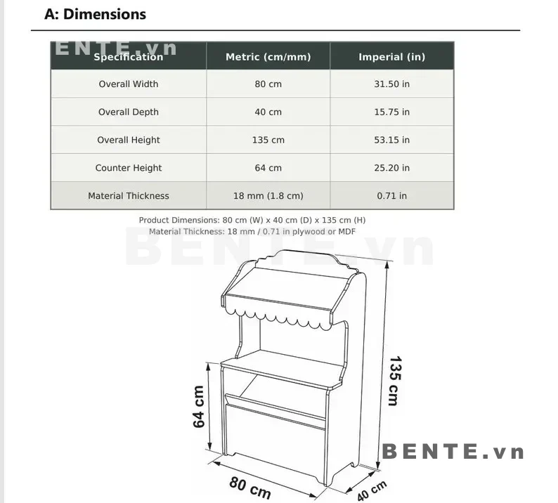 ảnh kích thước, quầy bán hàng gỗ trẻ em mái che sọc, quầy bán hàng mini có khoang dưới