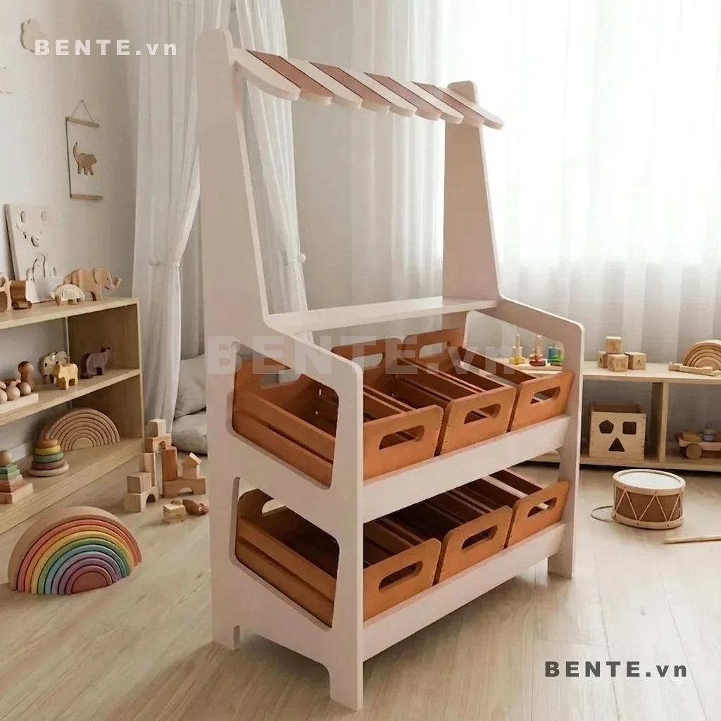 quầy bán hàng gỗ trẻ em mái che sọc, quầy bán hàng 2 tầng cho bé, quầy Montessori có khay trưng bày