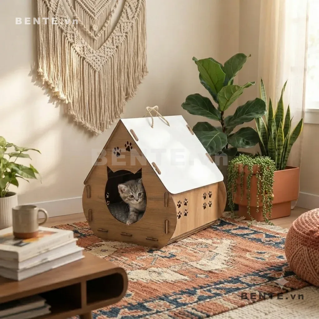 nhà thú cưng tay cầm hai bên, nhà mèo cửa sổ khoét bên hông, nhà gỗ cho mèo mái dốc, nhà ngủ mèo có dây xách