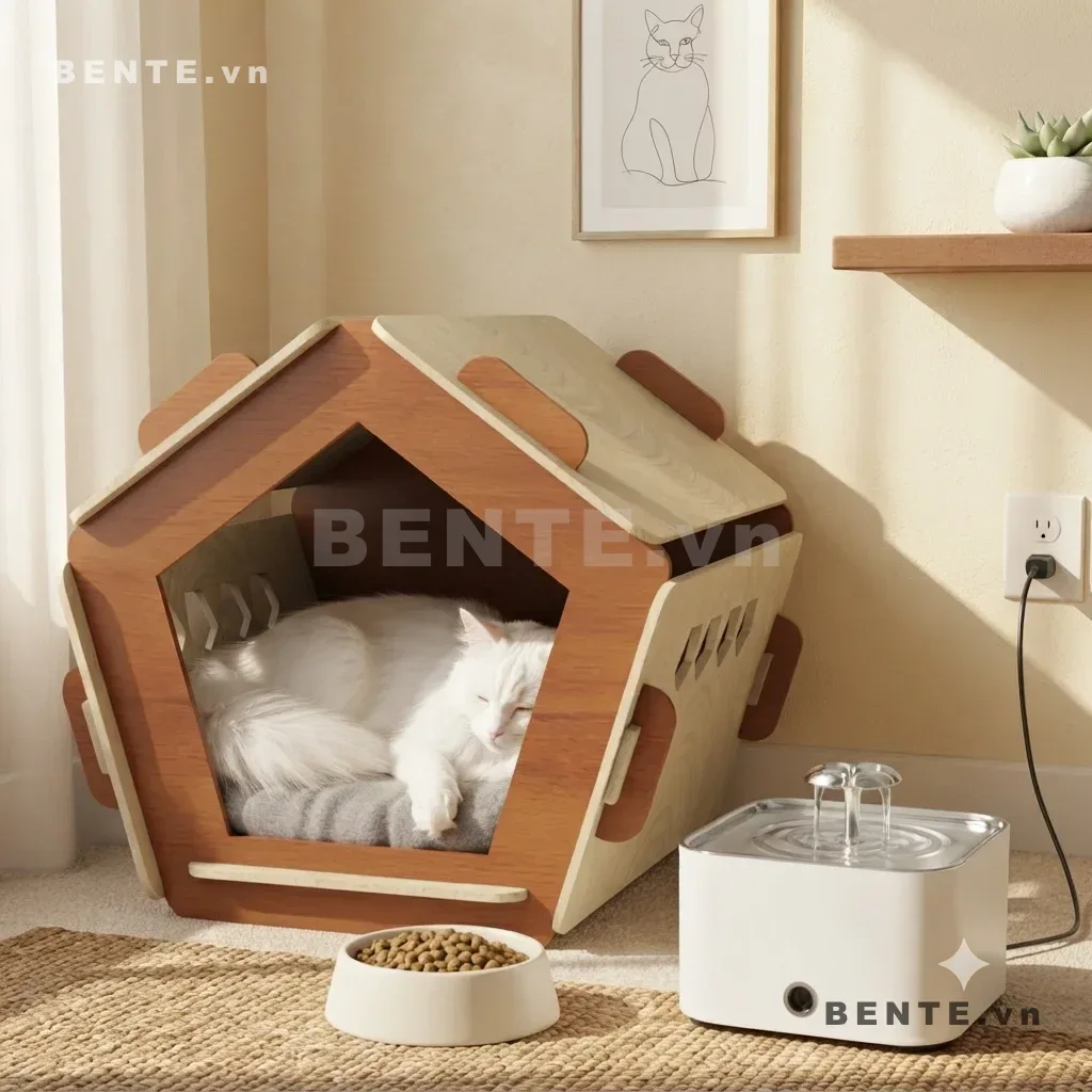 nhà mèo tay cầm khoét, nhà ngủ mèo cửa ngũ giác lớn