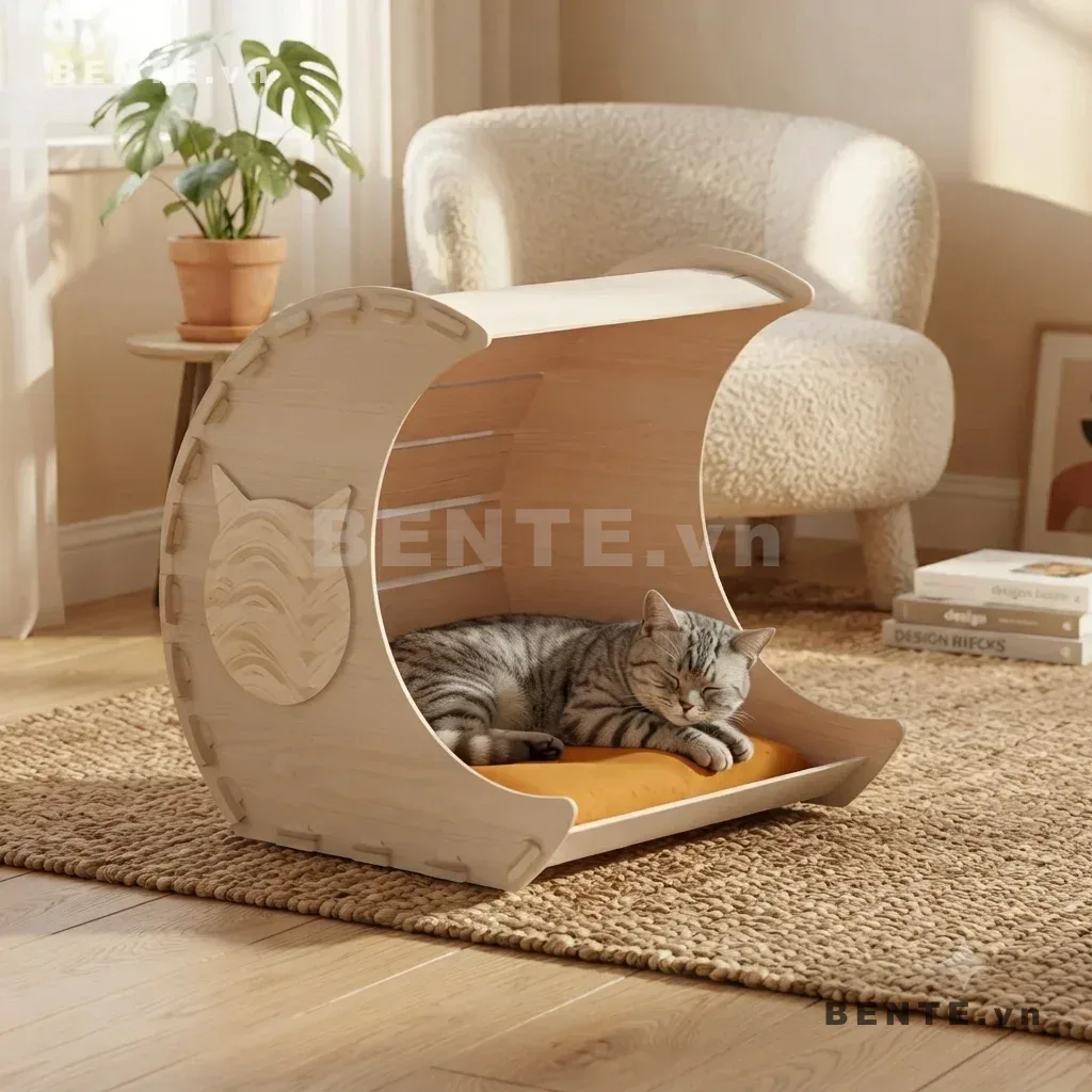 nhà thú cưng tay vịn cong, nhà mèo họa tiết mặt mèo, nhà ngủ cho mèo cửa mở lớn, nhà gỗ mèo dạng kén
