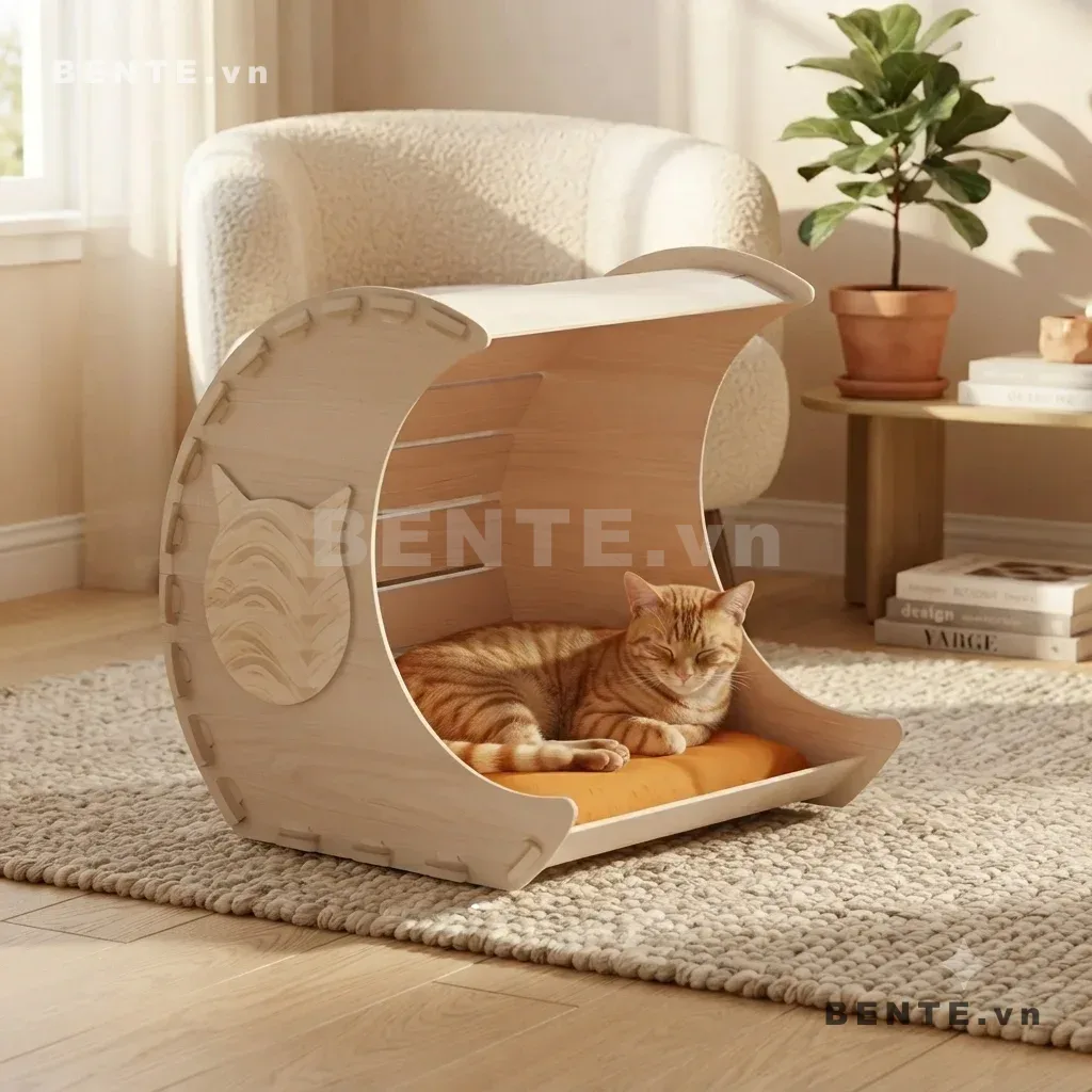 nhà gỗ thú cưng dáng cong, nhà mèo cửa mở rộng phía trước, nhà cho mèo hai vách cong, nhà ngủ mèo mái cong