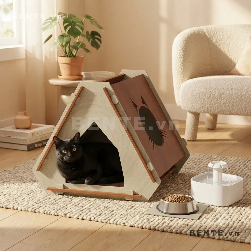nhà thú cưng lều tam giác, nhà mèo khung viền nổi, nhà gỗ mèo cửa tam giác lớn, nhà ngủ thú cưng dạng lều