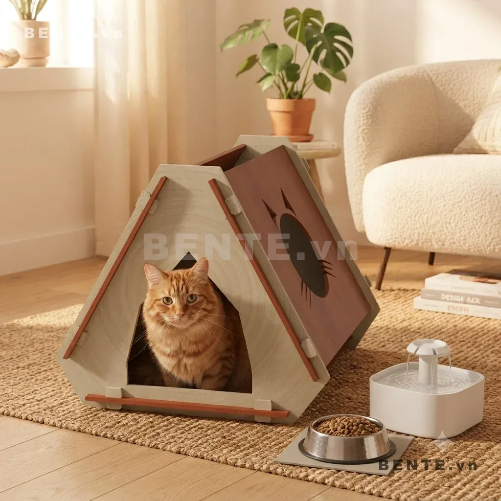 nhà gỗ thú cưng hình lều tam giác, nhà mèo cửa tam giác, nhà cho mèo vách hình mặt mèo, nhà ngủ mèo mái dốc