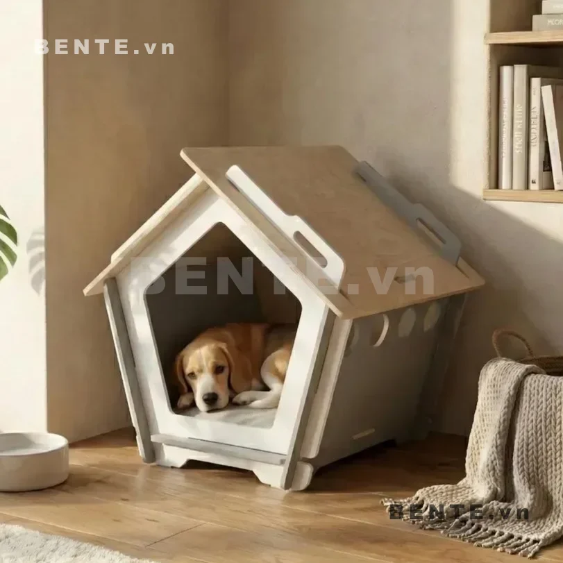 nhà gỗ thú cưng mái bản rộng, nhà mèo cửa ngũ giác bo góc