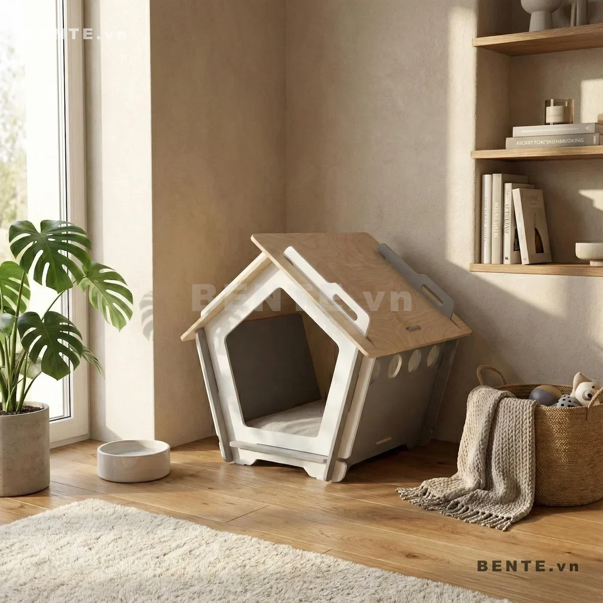 nhà ngủ thú cưng mái dốc, nhà mèo khoang kín cửa ngũ giác
