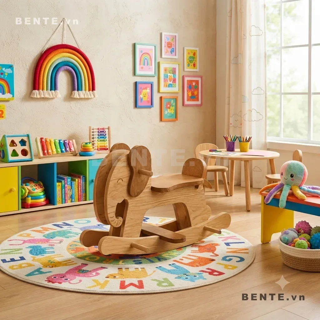 bập bênh gỗ có bệ để chân