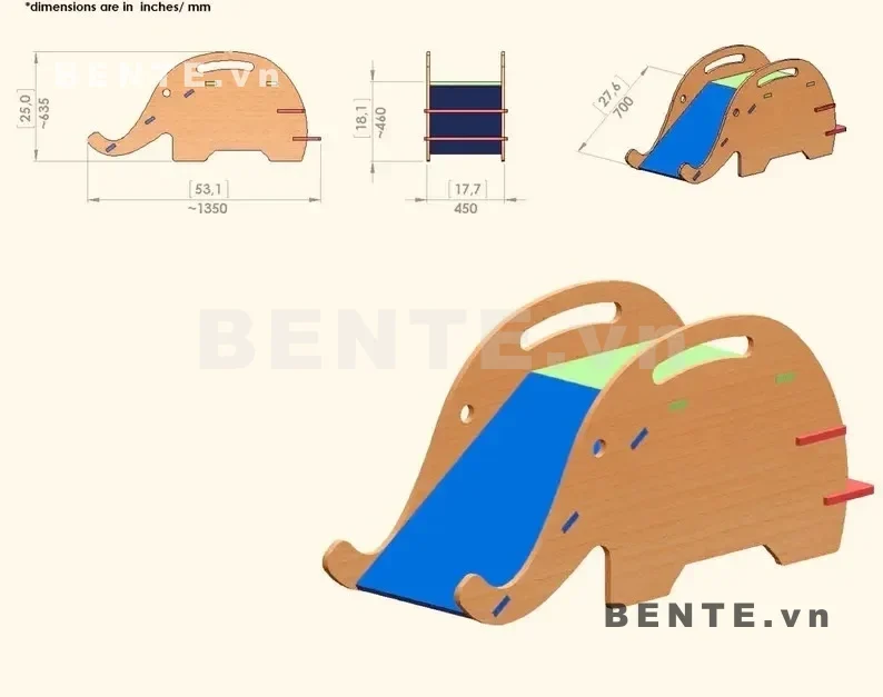 ảnh kích thước, cầu trượt gỗ trẻ em hình voi, cầu trượt Montessori vòi voi