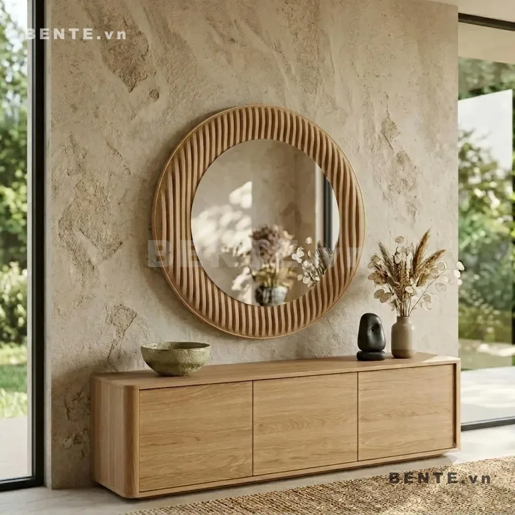 khung gương gỗ 3D dáng tròn, gương gỗ gân song song