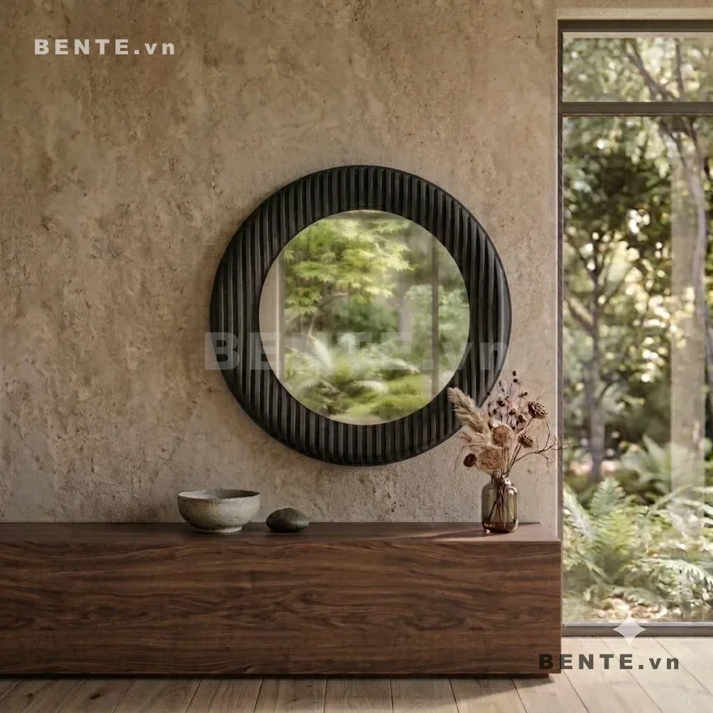 gương tròn khung nhiều nan, gương decor gân cong liên tục