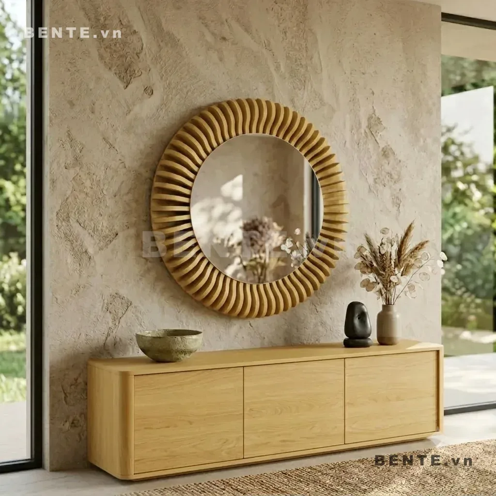 khung gương gỗ 3D gợn sóng, gương gỗ tròn nan tỏa tia