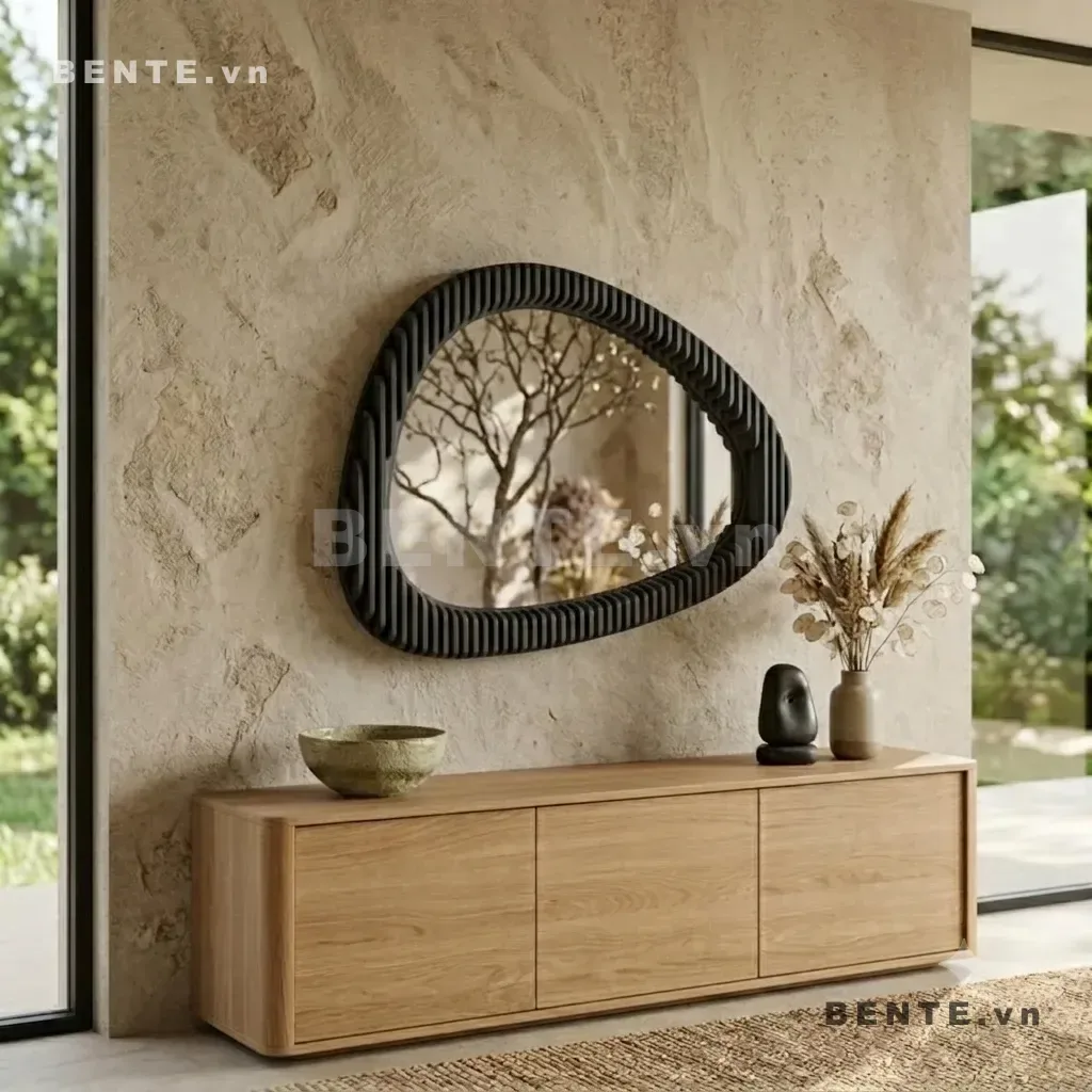 khung gương tam giác bo tròn, gương 3D dáng dọc cho tường hẹp, gương decor khung gân cong