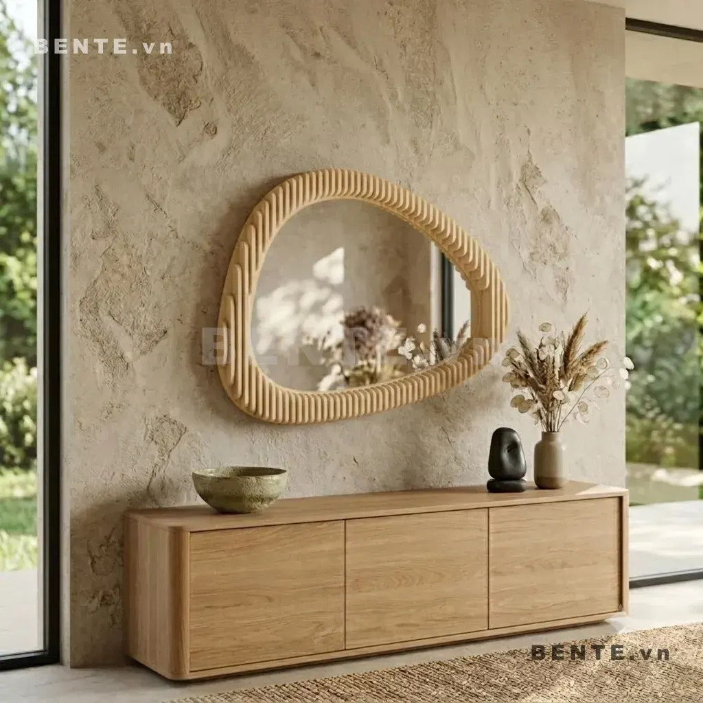 khung gương gỗ 3D tam giác bo cong, gương gỗ tam giác dáng dọc, khung gương gân cong 3D