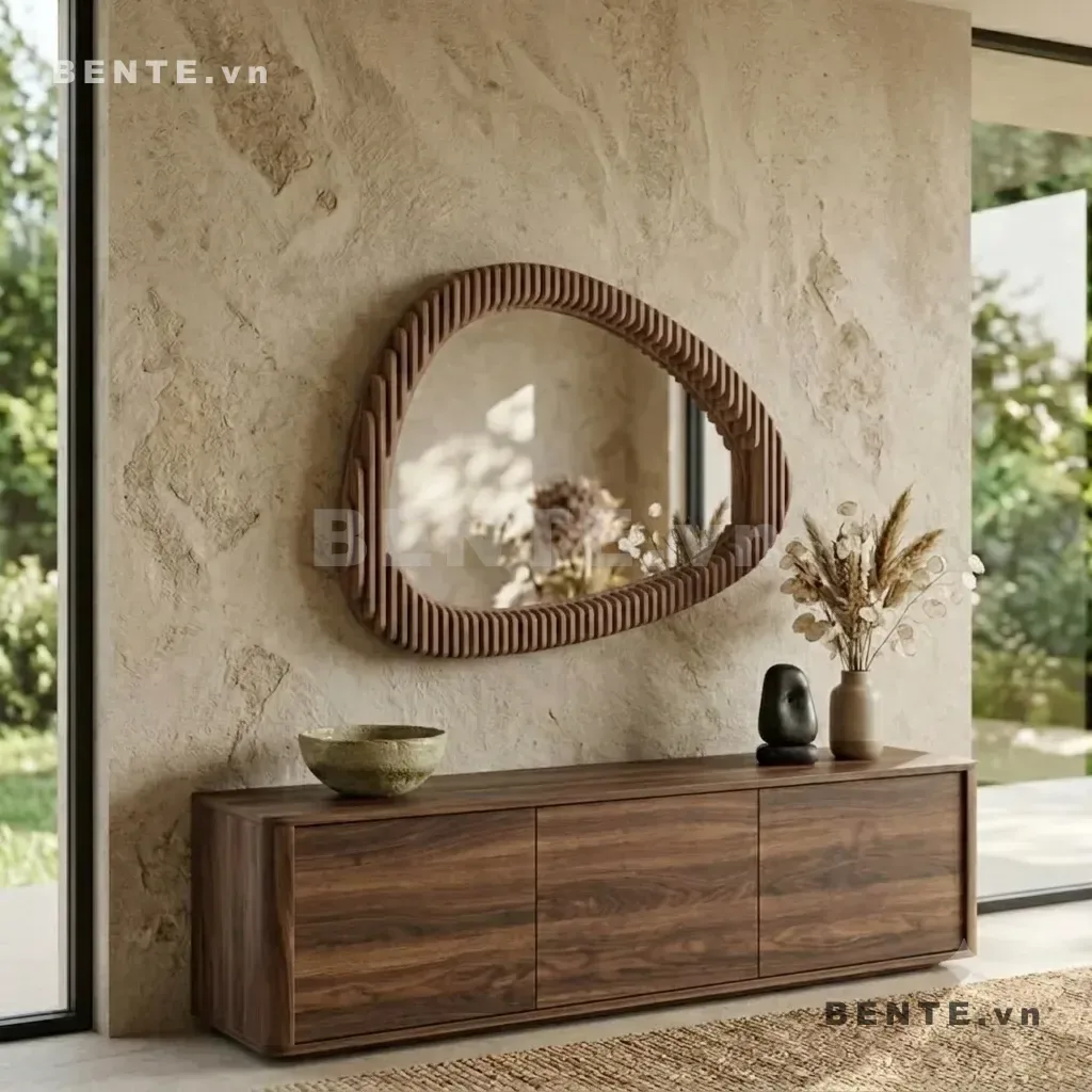 gương parametric hình tam giác, gương treo tường khung nổi nhiều lớp, gương gỗ đường cong liên tục
