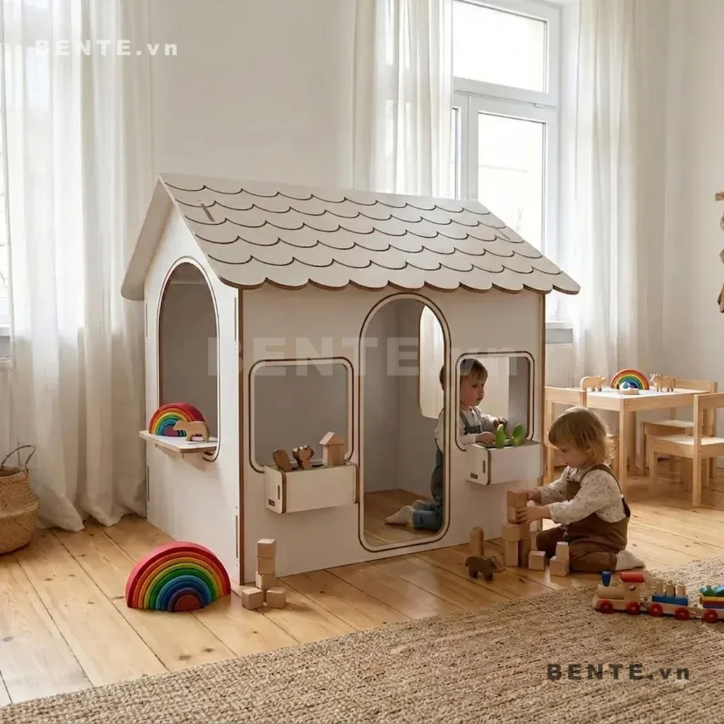 nhà chơi gỗ trẻ em hình ngôi nhà, nhà chơi Montessori mái vảy cong, nhà chơi trẻ em cửa vòm