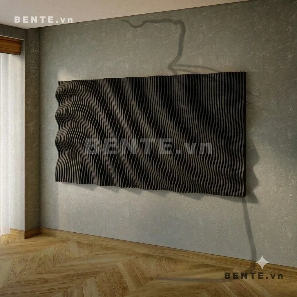 tranh gỗ bề mặt nổi gợn sóng, tranh decor nan dọc uốn cong, tranh gỗ 3D hiệu ứng sóng